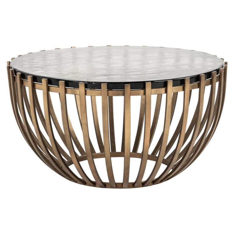 Moderne ronde salontafel met gouden frame en marmeren blad.