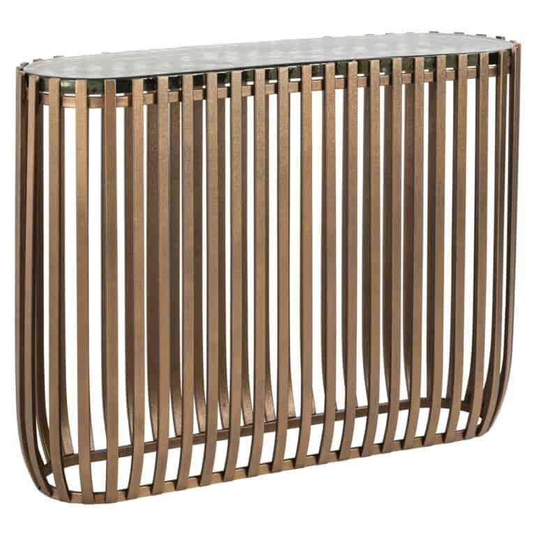 Elegante gouden console met houten latten en marmeren blad.
