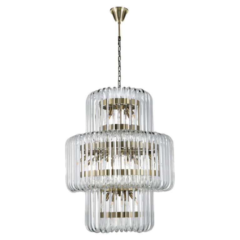 Moderne hanglamp Chenna met glazen buizen en goudkleurige details.