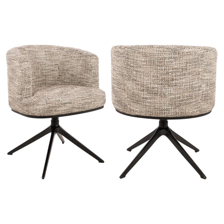 Trendy, natural-style Cheyenne dining chair with a swivel design and black base.