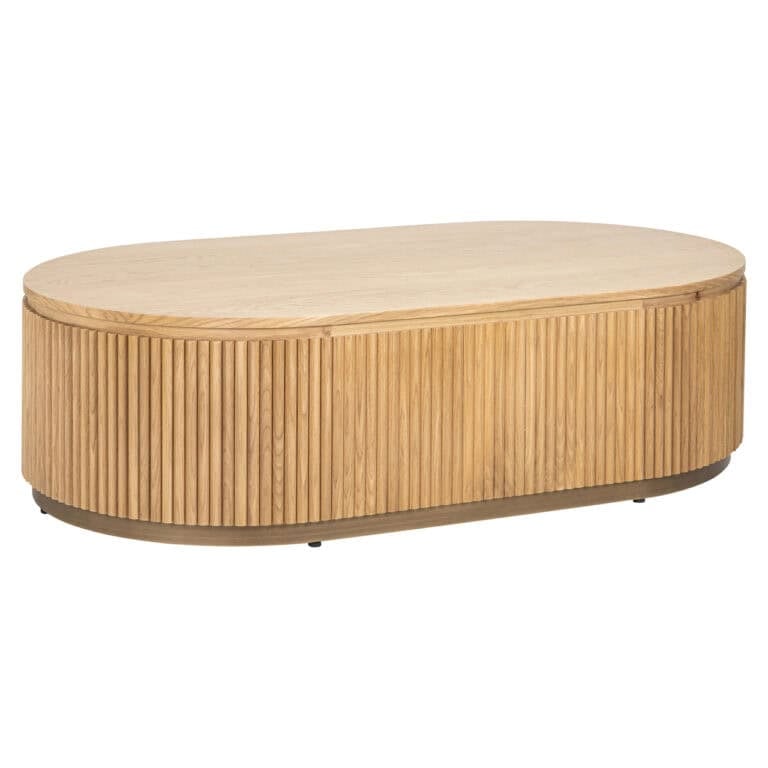 Belfort oak coffee table with ribbed sides and an oval shape.