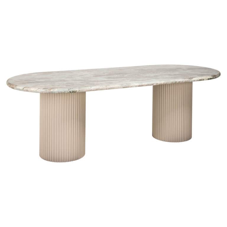 Table à dîner Coronel Blush beige 240 avec plateau en marbre et pieds cannelés.