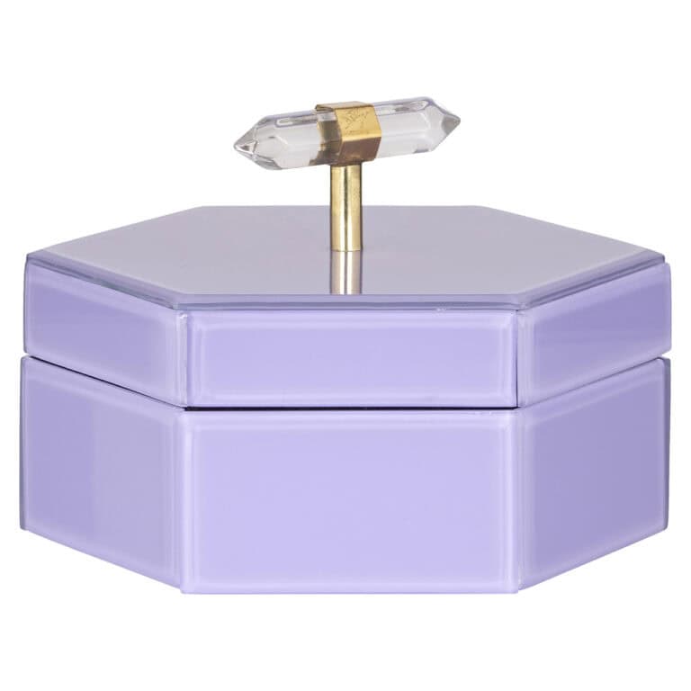Petite boîte de rangement violette « Jutta » avec un bouton doré et une poignée en cristal.
