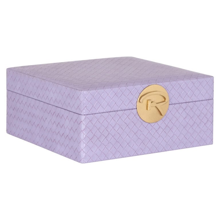 Grande boîte de rangement violette avec fermeture dorée, pour un rangement élégant.