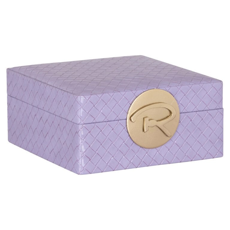 Boîte de rangement violette avec logo « R » doré, pour un rangement élégant.