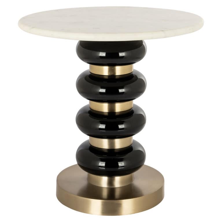 Table d'appoint moderne avec une finition noire et « gold », plateau en marbre.