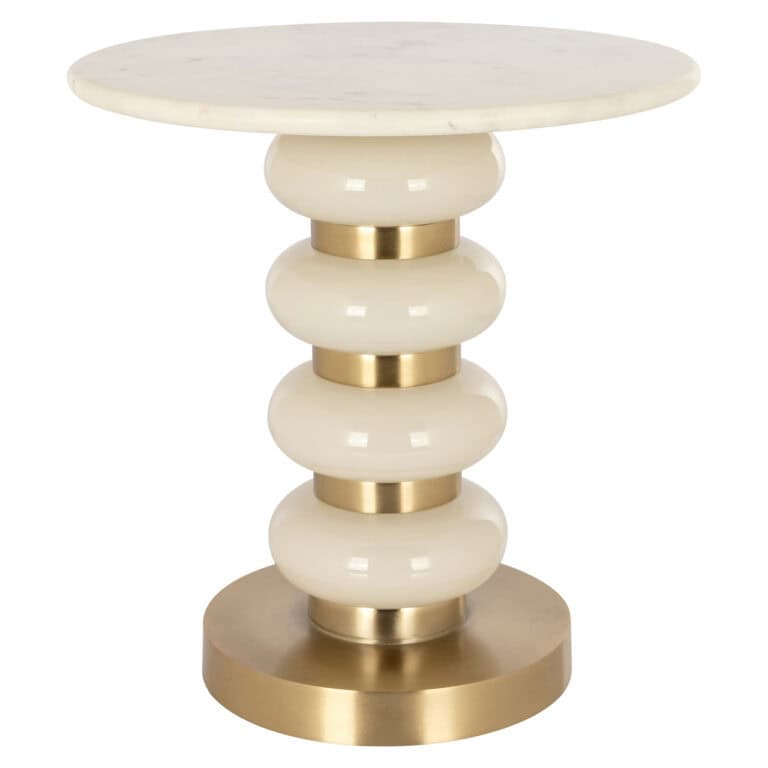 Élégante table d'appoint blanche aux détails dorés et au design unique.