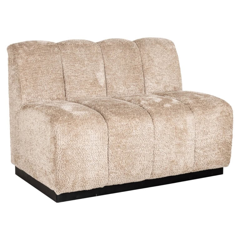 Comfortabele beige eetkamerbank met zachte bekleding en zwarte basis.