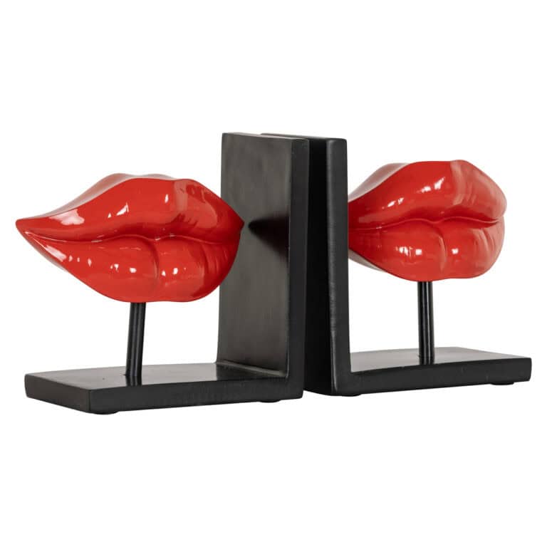 Boekstandaard met lipvormen in zwart en rood, modern design.