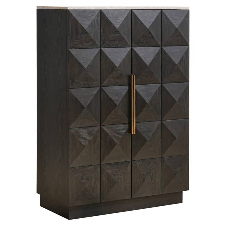 Moderne houten opbergkast met geometrisch patroon en goudkleurige handgreep.