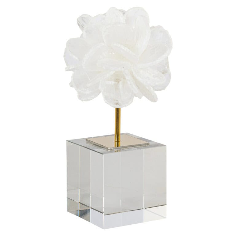 Eline witte decoratieve bloem op glazen standaard, elegant en modern design.
