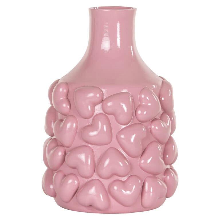 Roze vaas met hartvormige decoraties, perfect voor interieurdecoratie.