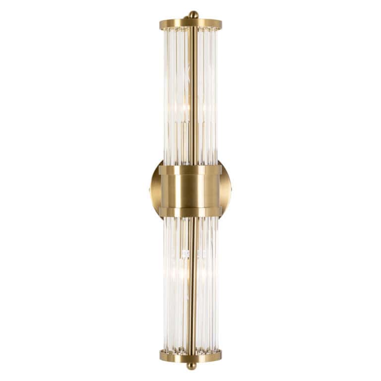 Lyan wandlamp in brushed goud met glazen buizen, modern design.