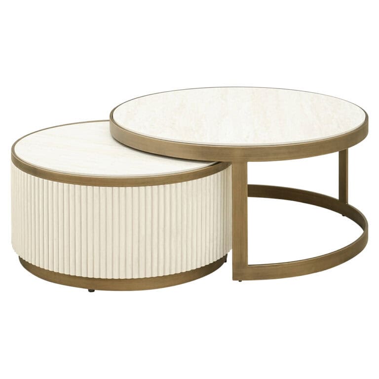 Set van twee moderne Tivoli salontafels in wit en houtkleur.