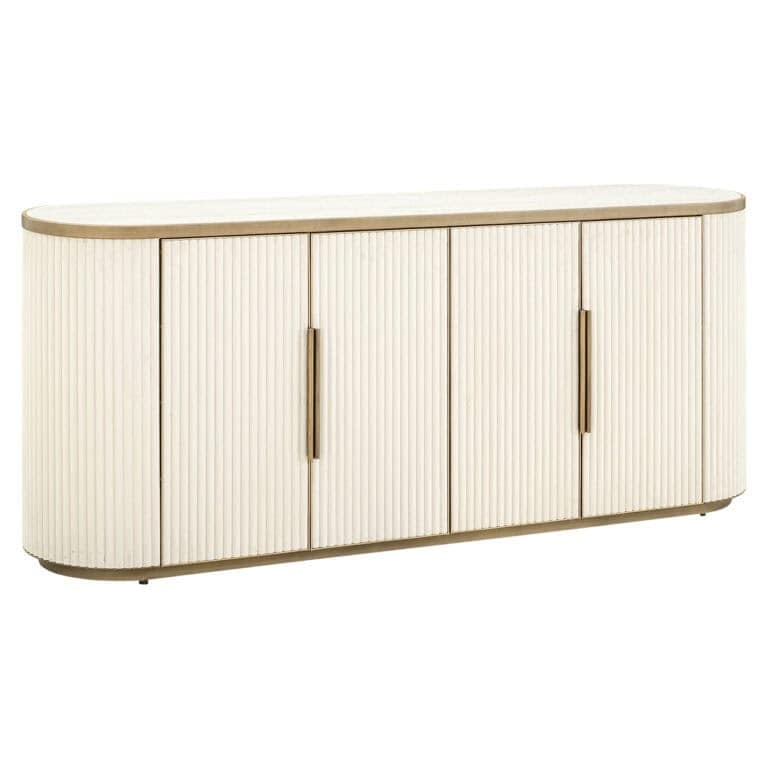 Wit dressoir Tivoli met verticale groeven en goudkleurige handgrepen.