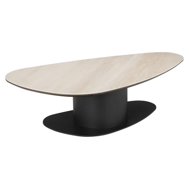 Moderne Ritz salontafel met zwart onderstel en beige blad.