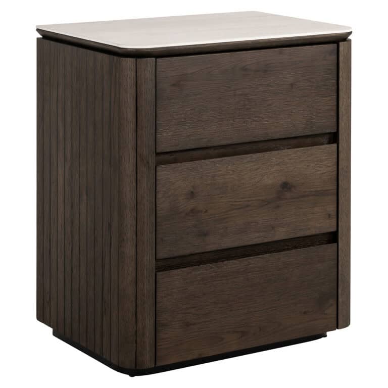 Nachttisch Ritz braun mit drei Schubladen, modernes Design, Holzoptik.