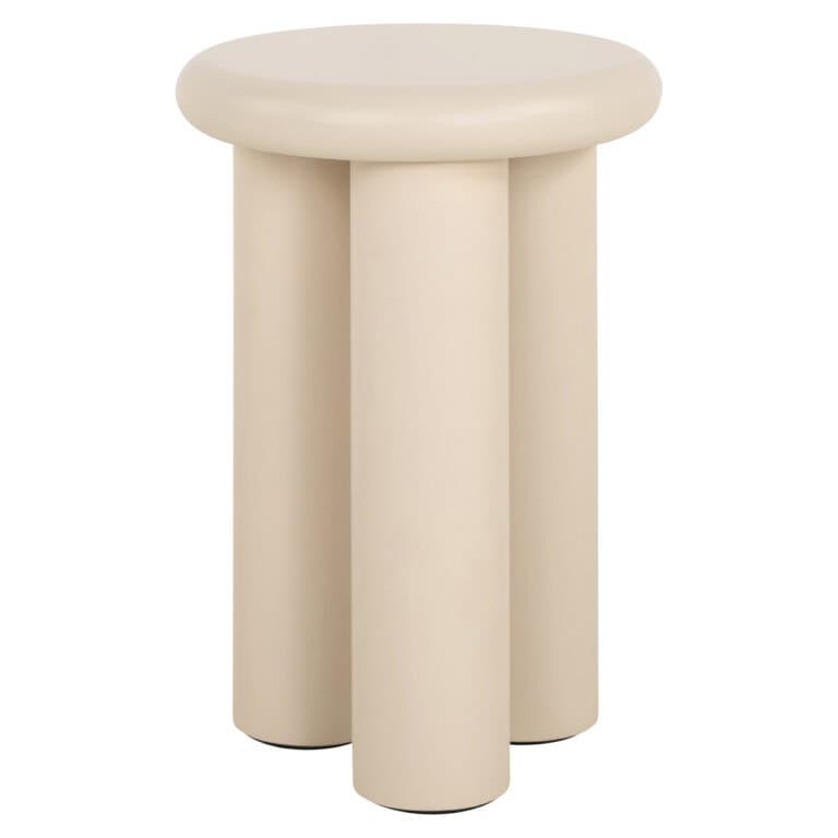 Table d'appoint moderne de couleur beige, avec un plateau rond et des pieds cylindriques.