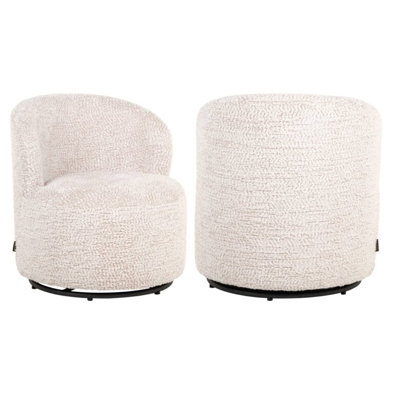 Crème lounge stoel Jackie met ronde vorm en zachte bekleding.