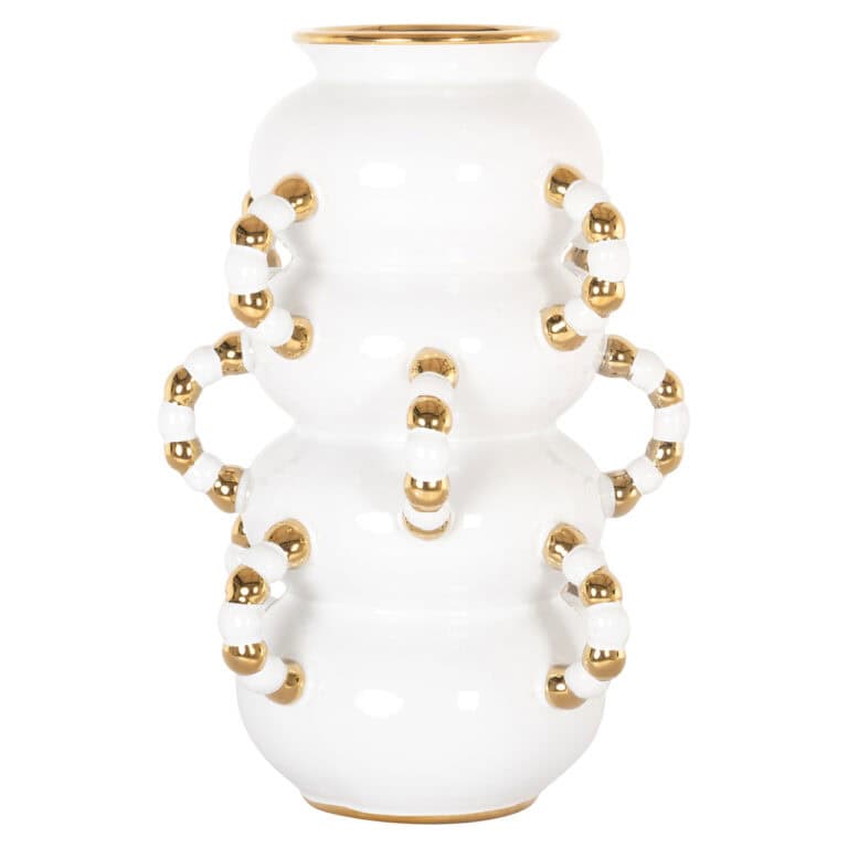 Vase blanc aux détails dorés, design élégant, objet de décoration d'intérieur.