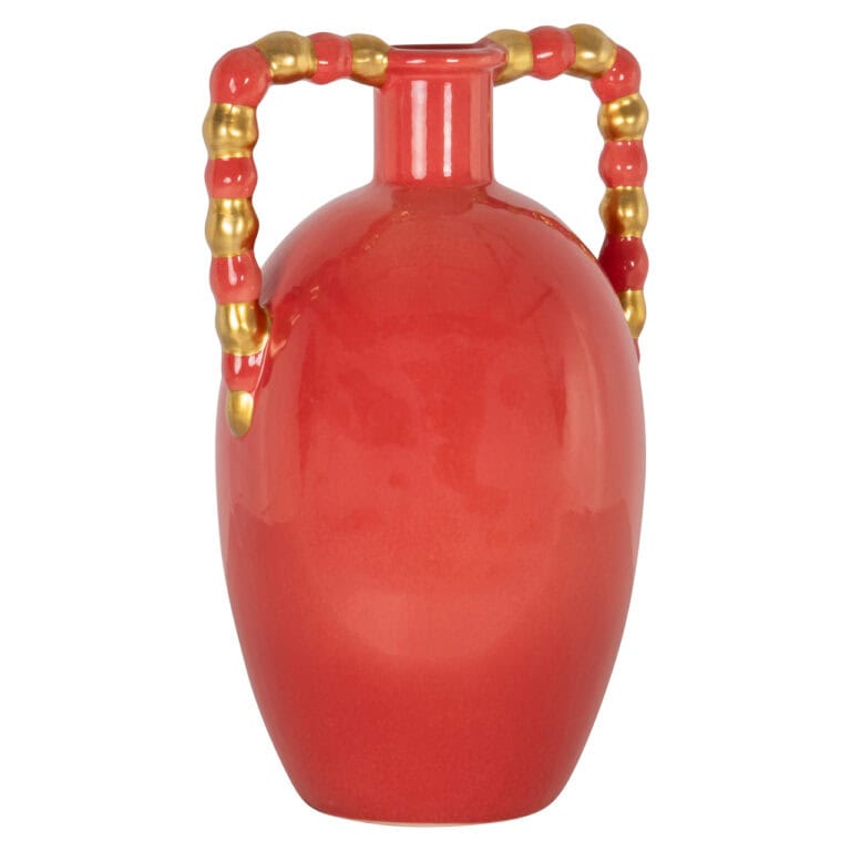 Vase orange aux couleurs vives, orné de détails dorés et rouges, au design moderne.