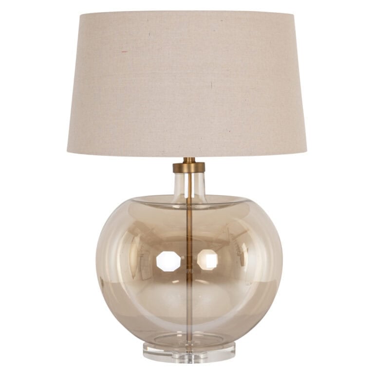 Lampe de table Jazzy couleur ambre, avec un pied en verre et un abat-jour beige.