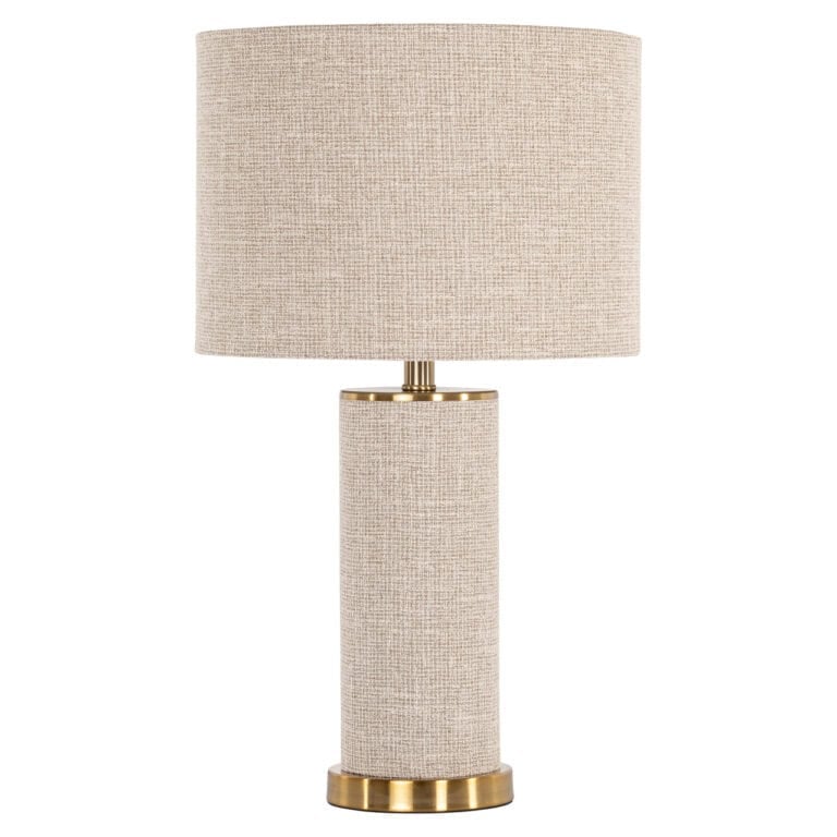 Lampe de table Joline beige avec abat-jour en tissu et détails dorés.