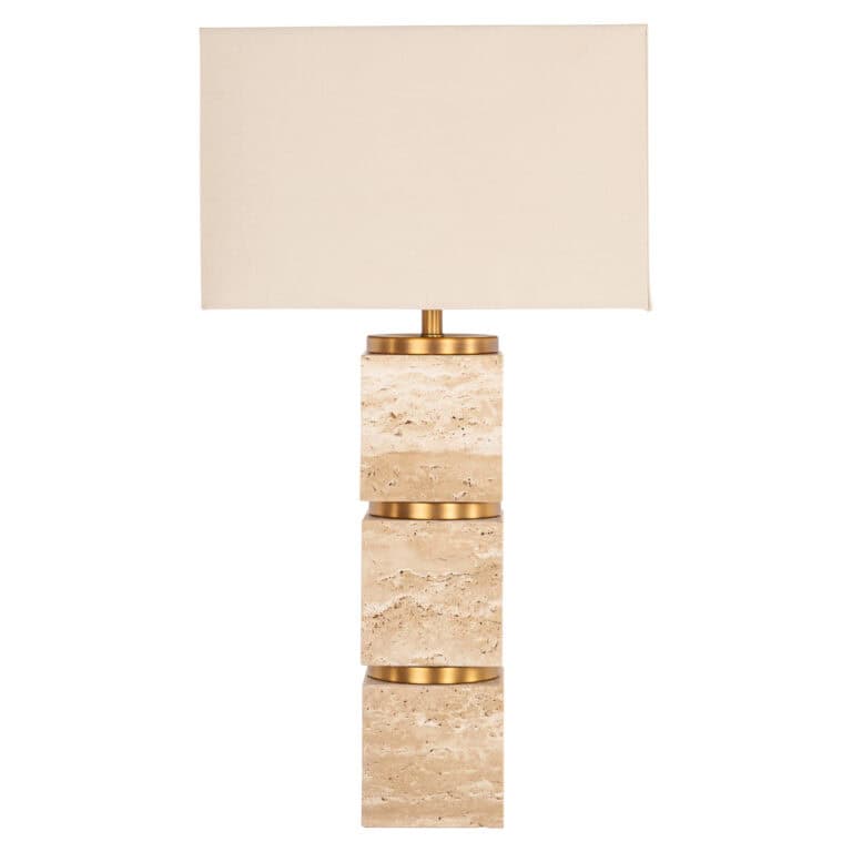 Lampe de table Jaella beige avec socle en marbre et détails dorés.