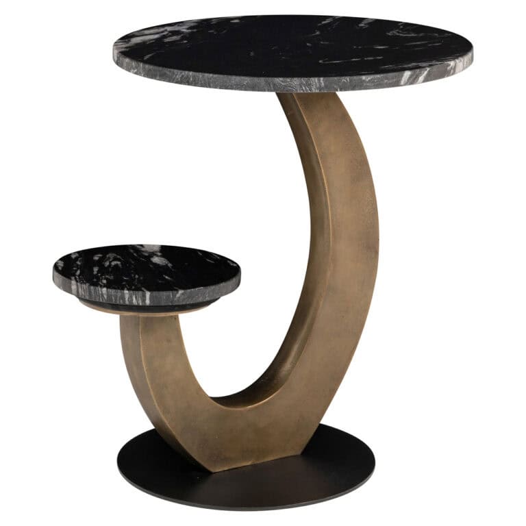 Table d'appoint moderne « Tibby » avec plateau en marbre noir et piètement doré.