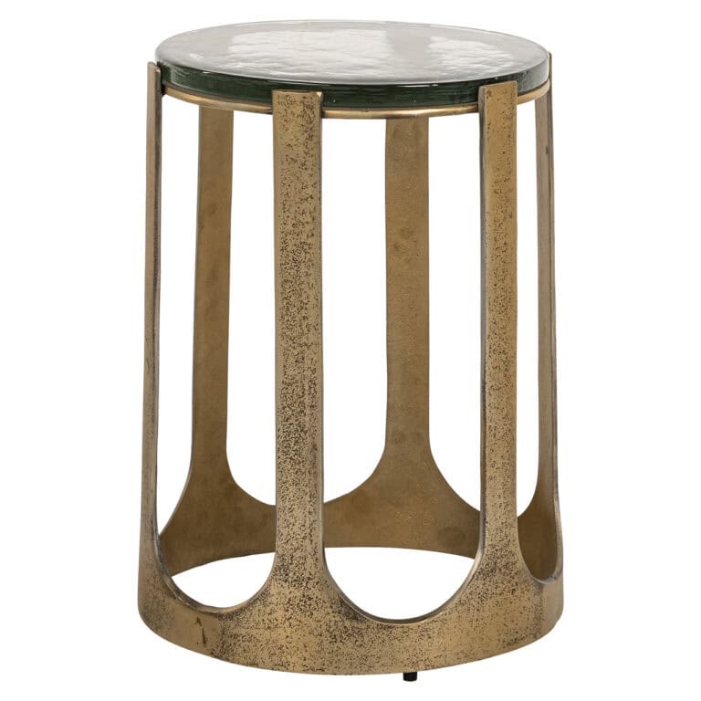 Table d'appoint dorée avec plateau en marbre, idéale pour un intérieur élégant.