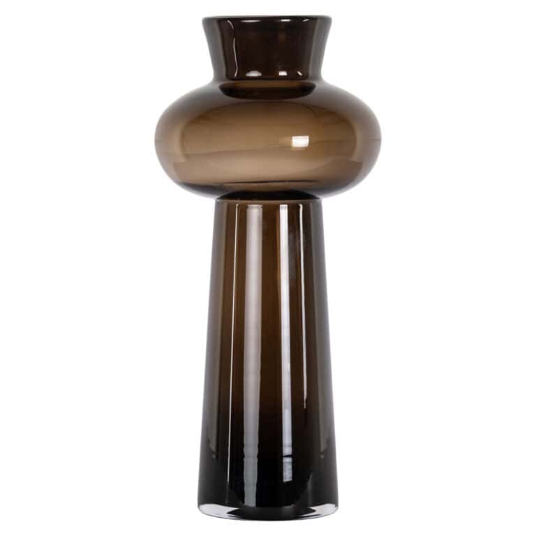 Vase en verre brun à large ouverture et à long col, destiné à la décoration d'intérieur.
