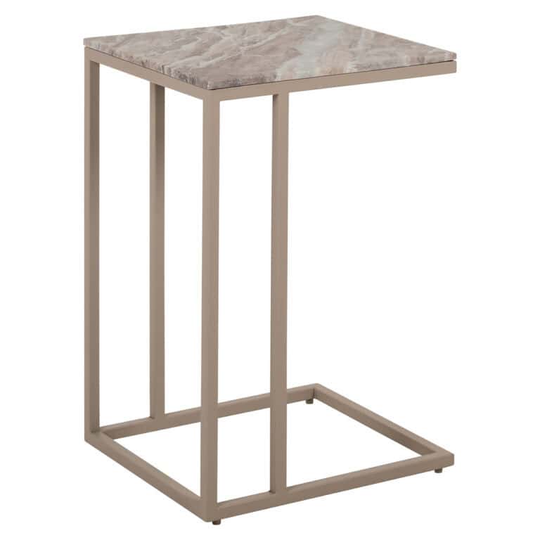 Table d'appoint moderne avec plateau en marbre et structure en métal.