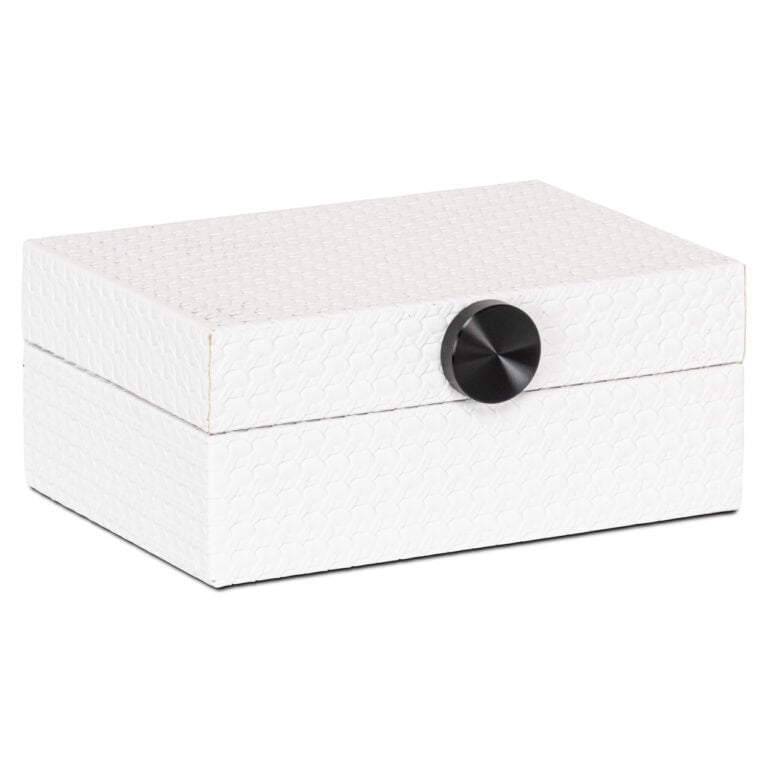 Petite boîte de rangement blanche avec un bouton noir pour s'organiser.