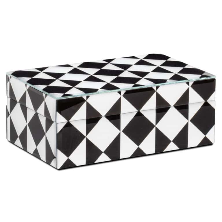 Petite boîte de rangement noire et blanche à motifs géométriques.