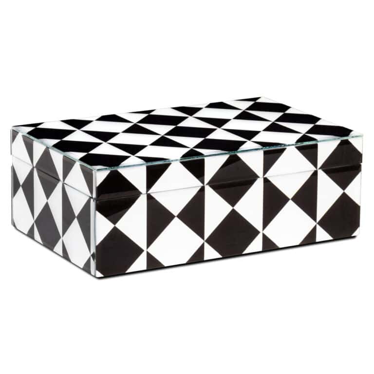 Grande boîte de rangement noire et blanche à motifs géométriques.