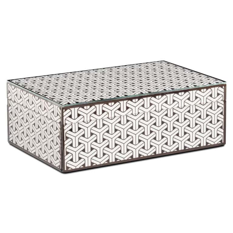 Grande boîte de rangement « Feliz » avec un motif géométrique noir et blanc.
