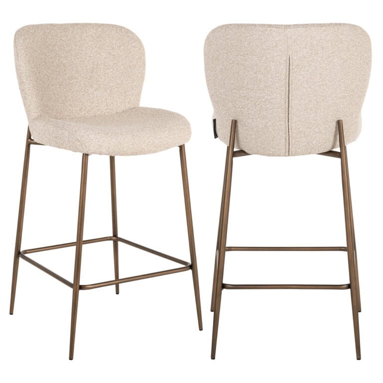 Tabourets de bar modernes avec revêtement beige et pieds en métal.