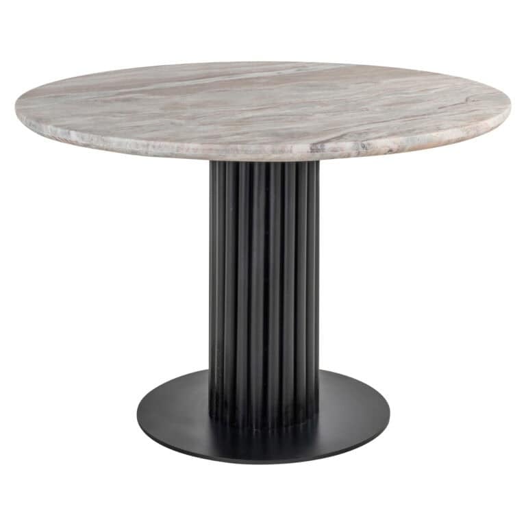 Table à dîner e ronde moderne avec plateau en marbre et piètement noir.