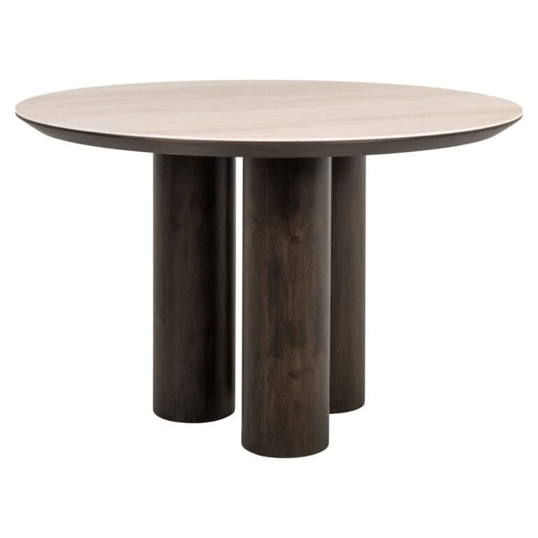 Table à dîner Ritz avec un plateau rond blanc et des pieds en bois foncé.