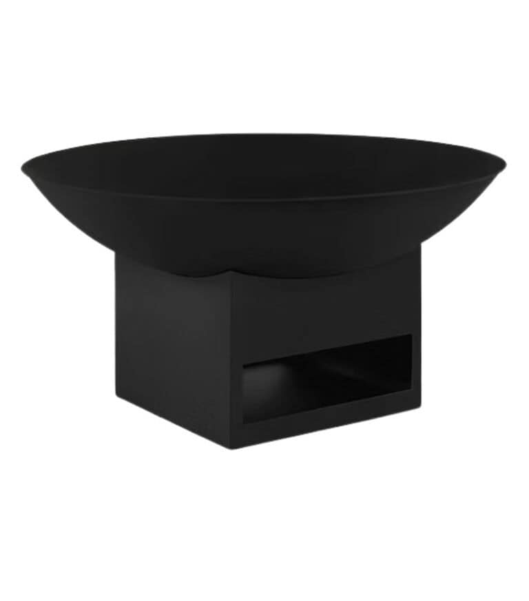 Brasero moderne noir Davey avec socle, destiné à un usage extérieur.
