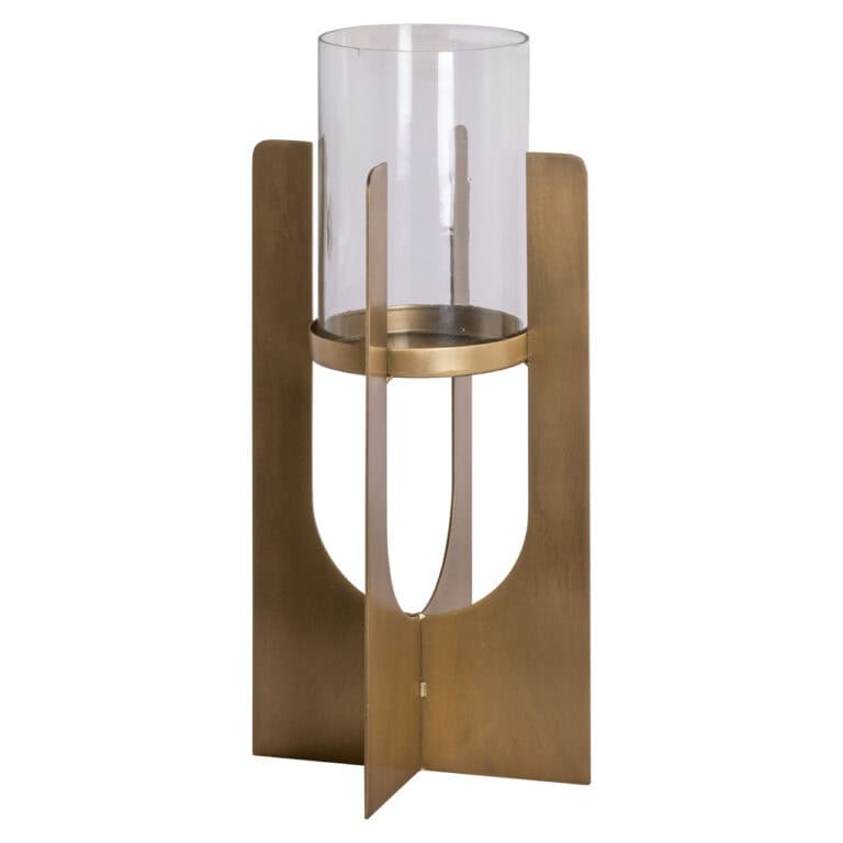 Petit « Lampe ouragan » doré, avec un boîtier en verre et un socle en bois.