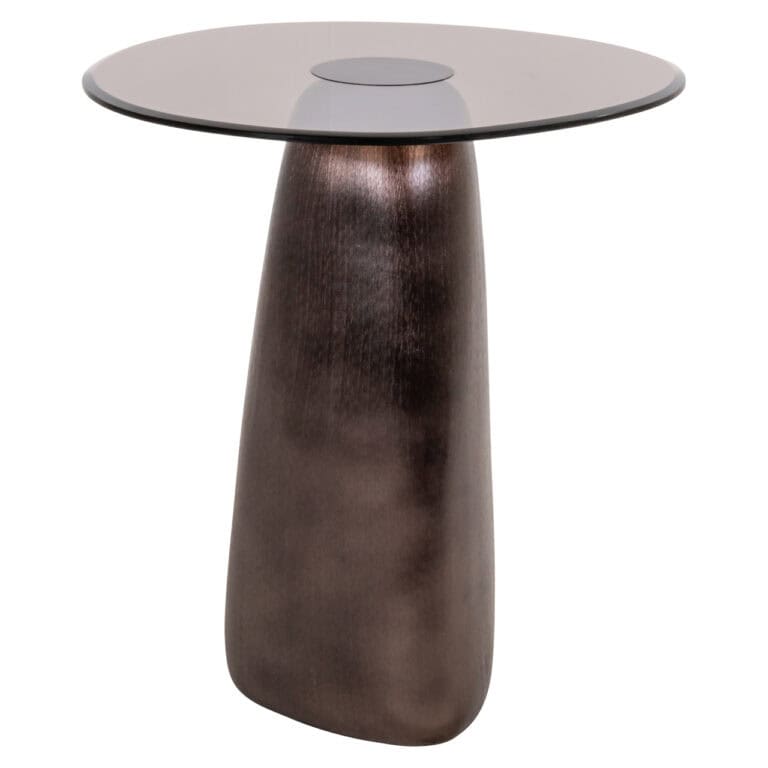Table d'appoint Hayden bronze avec plateau rond en verre et pied en bronze.