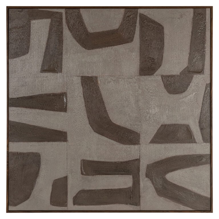 Œuvre d'art mural abstraite et moderne, composée de formes couleur sable et foncées.