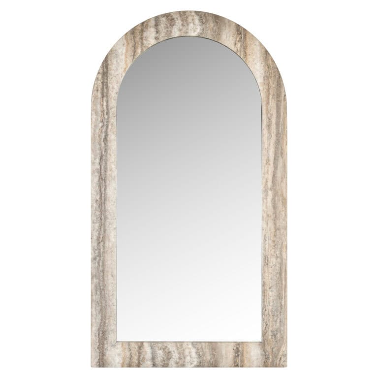 Élégante table « Miroir » avec finition imitation travertin gris, idéale pour un intérieur moderne.