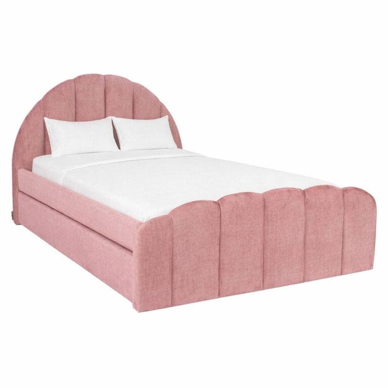 Lit Pixie en bois rose avec tête de lit rembourrée et fonction coulissante.