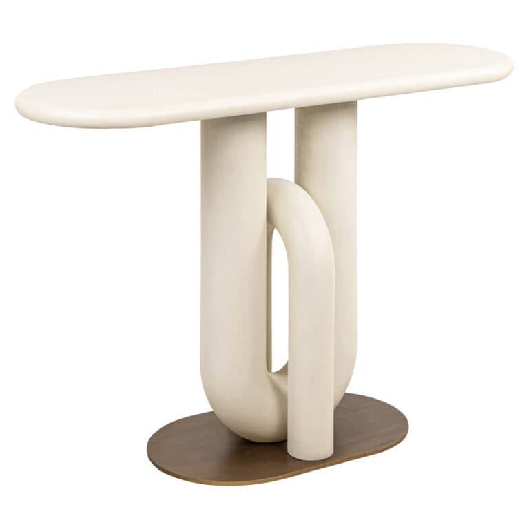 Console blanche moderne au design unique, avec un piètement en bois.