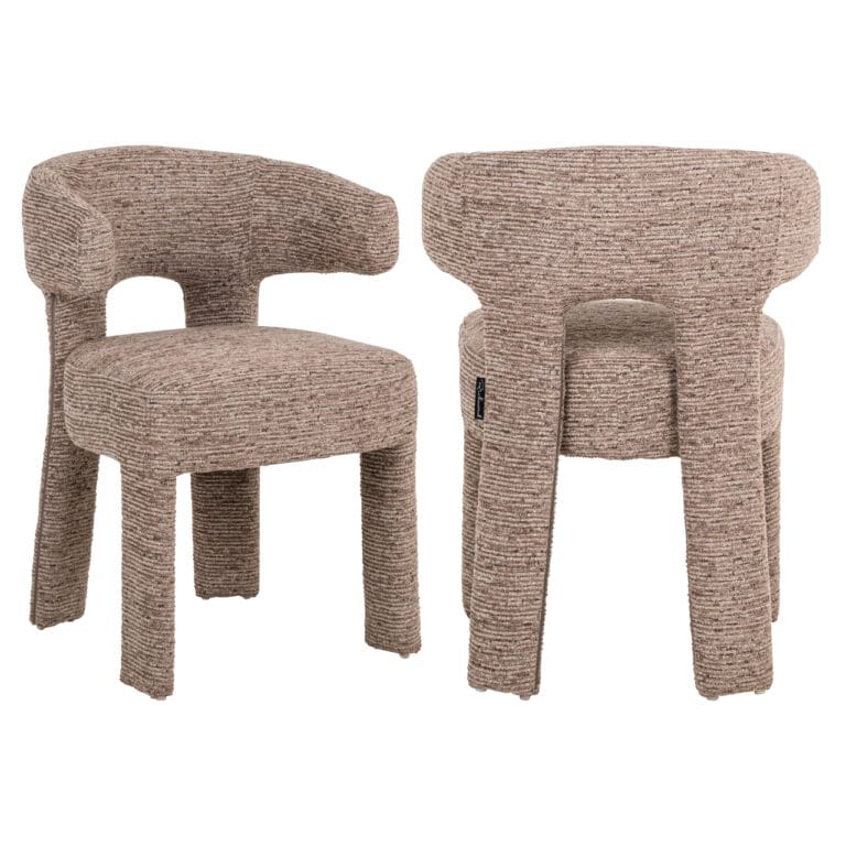 Chaise de salle à manger Nerio couleur moka, avec dossier arrondi et pieds robustes.
