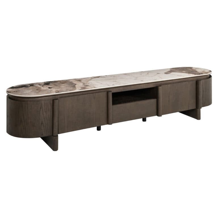 Meuble TV Langford, couleur marron, avec plateau en marbre.