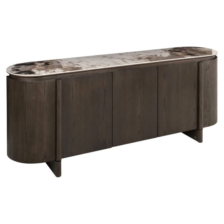 Buffet Langford marron avec plateau en marbre, pour un salon élégant.