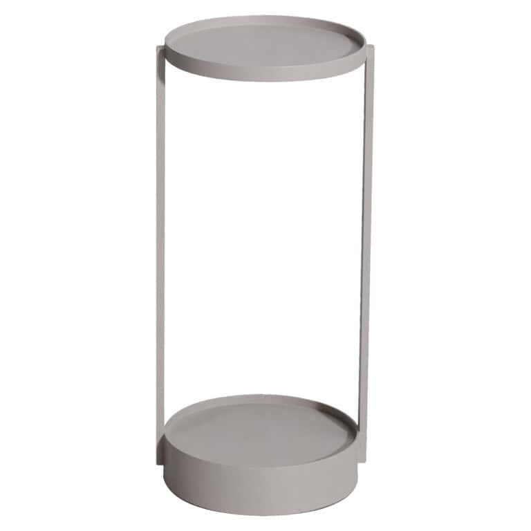 Table d'appoint moderne de couleur beige clair, aux formes arrondies et dotée d'un piètement en métal.
